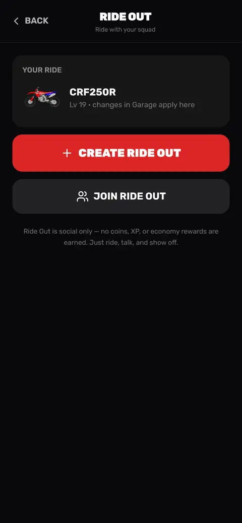 RIDE OUT screen